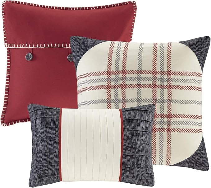 Madison Park Ridge Comforter Set - Cabin Lodge Plaid Herringbone Design, All Season Down Alternative Cozy Bedding with Matching Bedskirt, Shams, Decorative Pillow, Red King(104"x92") 7 Piece