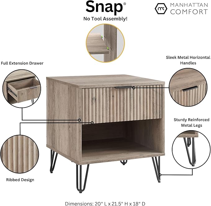 Manhattan Comfort Dumbo Fluted Nightstand with Drawer and Open Shelf, Gold Hairpin Legs and Metal Handle, Snap Tool-Free Assembly, Bedside Accent Table for Bedroom, Office, Living Room in Rustic Grey