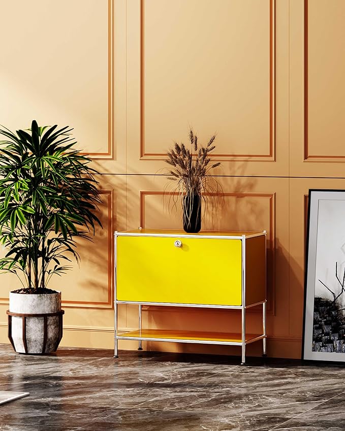Metal Sidetable with Flap Door, 27.5" Height - DIY Modern Furnishing for Home, Office, Foyer, Bedroom - Night Stand, Book Shelf, Bookshelf, Cube Storage Organizer, Bedside Table (Matt Yellow)