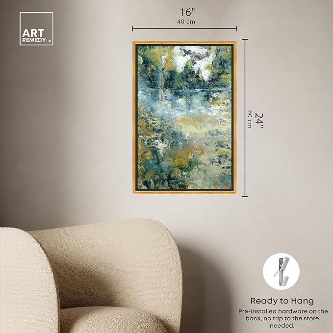 Art Remedy Green Moss Monet Garden Green Abstract Canvas Wall Art, Gold Floater Frame, 16"x24"