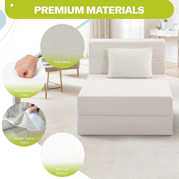 Fvkind Folding Sofa Bed, 4 in 1 Convertible Fold Out Single Chair Bed with Pillow, Memory Foam Futon Chair, Foldable Futon Couch, Foldable Sofa Mattress for Living Room, Bedroom, Guest Room, Beige