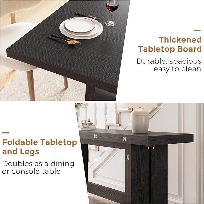 63" Folding Dining Table for 4-6, Modern Dining Room Table with Large Foldable Tabletop, Wood Folding Table with Foldable Legs, Dinner Tables for Kitchen Dining Room (Black)