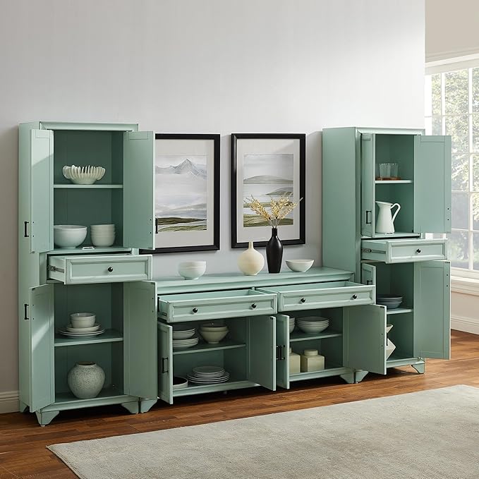 Crosley Furniture Tara 3-Piece Modern Farmhouse Sideboard Buffet Cabinet and Kitchen Storage Pantry Set, Distressed Seafoam Blue
