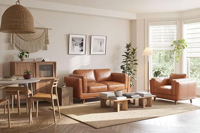 Valencia Artisan Full Leather Loveseat Sofa 66” - Pure Full Italian Nappa Leather Couch, Solid Wood Accent, Ultimate Comfort, Cognac Tan