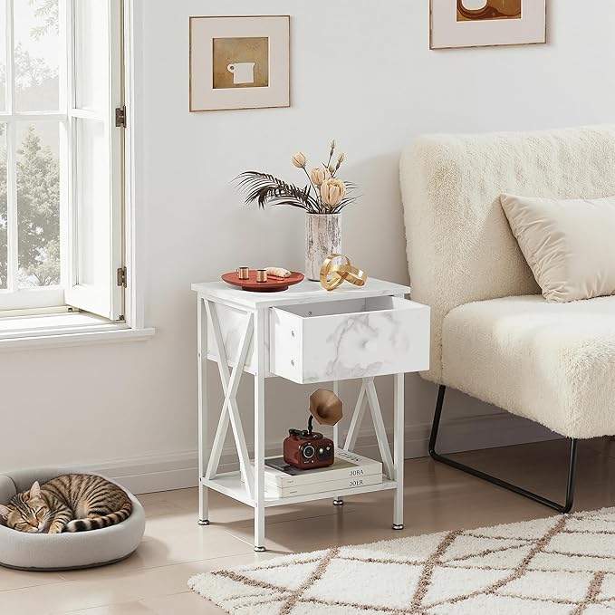 VECELO Night Stand with Drawer, 2 Tiers Storage Shelves End Table, Small Side Table for Small Spaces,Night Stand for Living Room, Bedroom, White