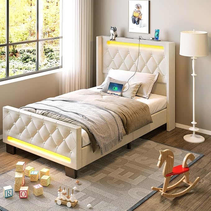 Rolanstar Twin Bed Frame with LED Light and Charging Station, Upholstered High Headboard and Footboard, Wood Slats, Noise Free, Easy Assembly, Beige