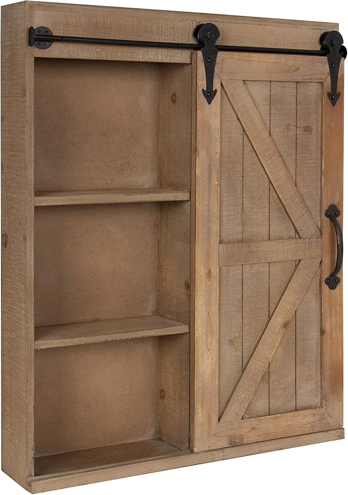 Kate and Laurel Cates Decorative Wood Wall Storage Cabinet with Rectangle Mirror and Sliding Barn Door, 22 x 28, Rustic Brown, Farmhouse Decor for Wall Storage