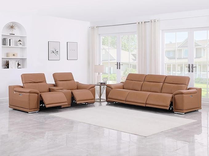 Blackjack Furniture Venice Top Grain Italian Leather Power Recline 6 Piece 5 Seater Sofa - 107" Theater Seating Modern Couch for Living Room Apartment with Adjustable Headrests & USB Port, Cognac