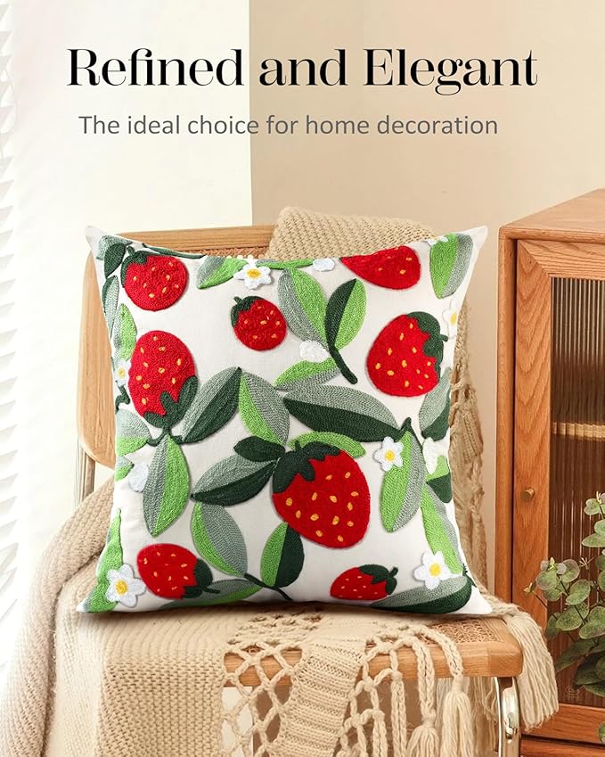 Embroidered Throw Pillow Cover - 18x18 Decorative Pillow Cover with Zipper Aesthetic Cute Design Boho Spring Summer Throw Pillowcase for Living Room Couch Sofa Bed, Leaf Strawberry