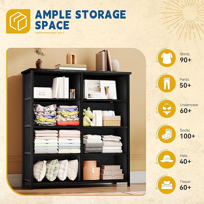 DWVO 8-Drawer Fabric Dresser, Rustic Furniture Storage Tower Cabinet, Organizer for Bedroom, Living Room, Hallway, Closet