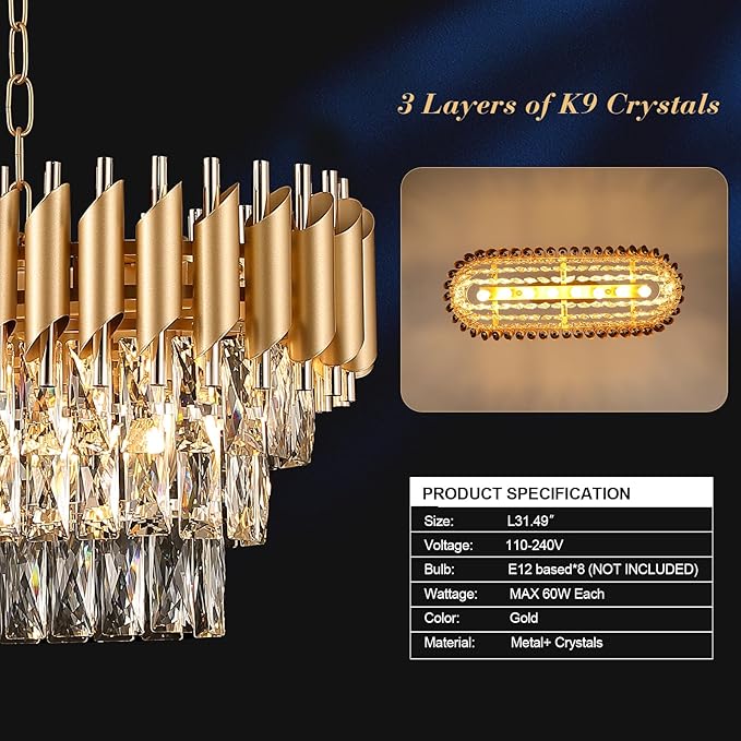 Modern Rectangular Chandelier Gold Crystal Chandeliers for Dining Room 8-Light Linear Ceiling Pendant Light Long 32” Luxury Oval Chandelier for Kitchen Island Living Room