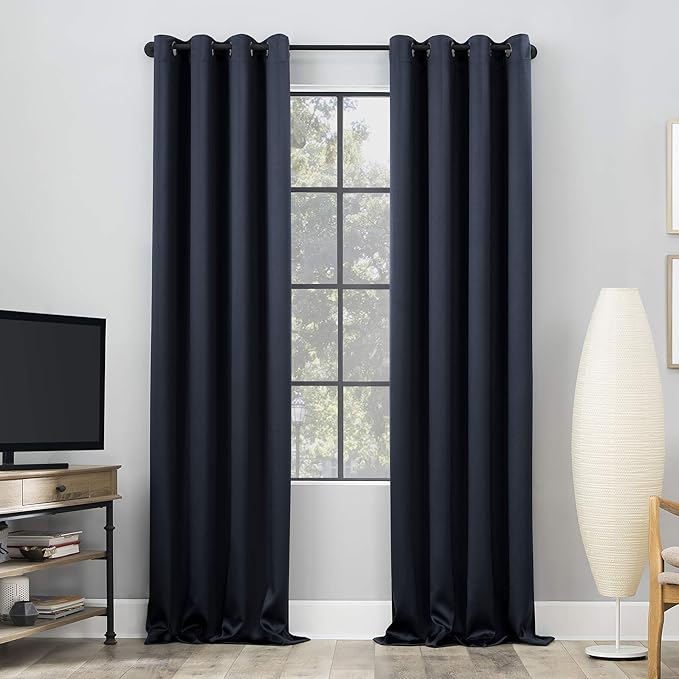Sun Zero Nordic 2-pack Theater Grade Extreme 100% Blackout Grommet Curtain Panel Pair, 52" x 96", Navy Blue