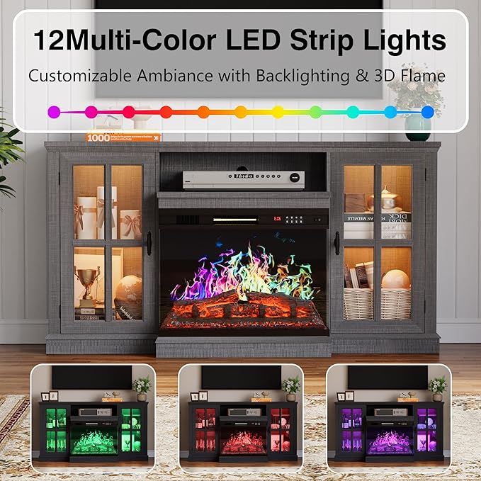 YESHOMY Glass Fireplace TV Stand for Televisions up to 65", Media Entertainment Center Console Table with Led Lights, Light Grey