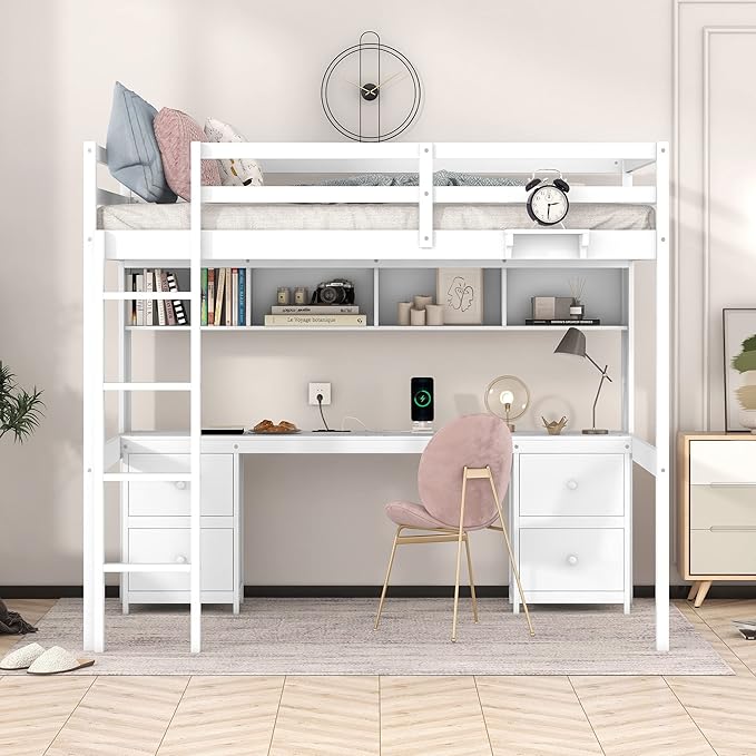 Full Size Loft Bed with Desk, Storage Cabinets, Drawers and Bedside Tray, Multifunctional Full Beds with Plug Outlets & 2 USB Port, White