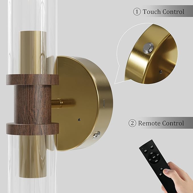 Battery Operated Wall Sconce Set of 2, Gold & Walnut Rechargeable Wall Sconces, Modern Cordless Wall Lights with Remote Control, Dimmable for Living Room, Bedroom, Bathroom, Hallway, Entryway 3000K