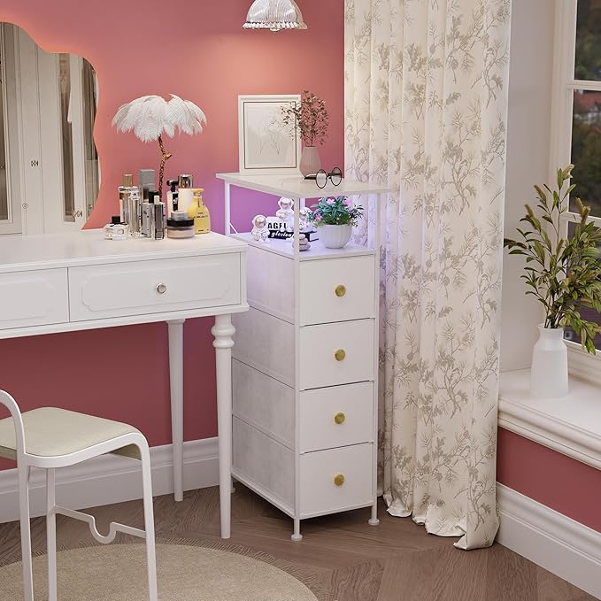 GiftGo Narrow Dresser with Charging Station LED Storage Tower with Fabric Chest of Drawers for Small Space Gap Open Shelf Skinny Dresser for Bedroom Closet, Bathroom (White, 4 Drawers)
