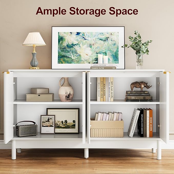 RoyalCraft 55'' Buffet Cabinet with Storage, Fluted Sideboard with Doors and Adjustable Shelves, Wood Credenzas Console Table, Coffee Bar Cabinet for Kitchen, Dining Room, Living Room, White