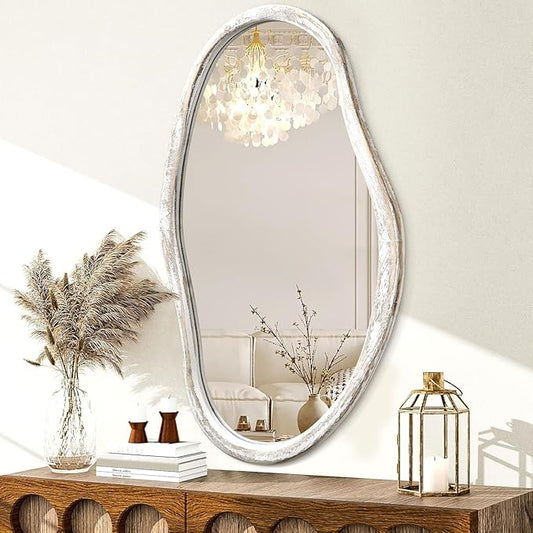 JJUUYOU Asymmetrical Mirror Modern Irregular 34"x22" Large Wall Mounted Mirror with Wooden Frame for Bathroom Bedroom Living Room Hallway Mirrors White
