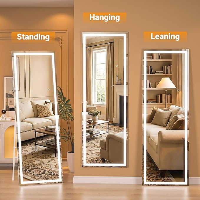 71" x 24" Full Length Mirror with Lights, LED Lighted Floor Standing Body Mirror, Dimmable & 3 Color Lighting for Bedroom, Cloakroom, Dressing Room, Tempered Glass, White Frame