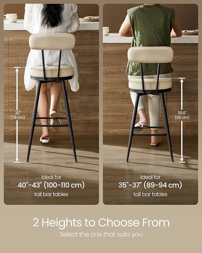 VASAGLE EKHO Collection - Bar Stools Set of 2, Swivel Bar Height Bar Stools with Back, Synthetic Leather with Stitching, Mid-Century Modern, 30-Inch Tall Barstools for Kitchen Home Bar, Cream White