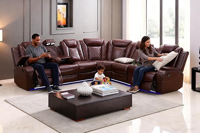 Living Room Furniture Sets, Power Recliner Sofa Sectional Sofa with LED Light for Living Room, Brown Leather Reclining Sectional Couches Set, Cup Holder, Storage Console for Home Theater Seating