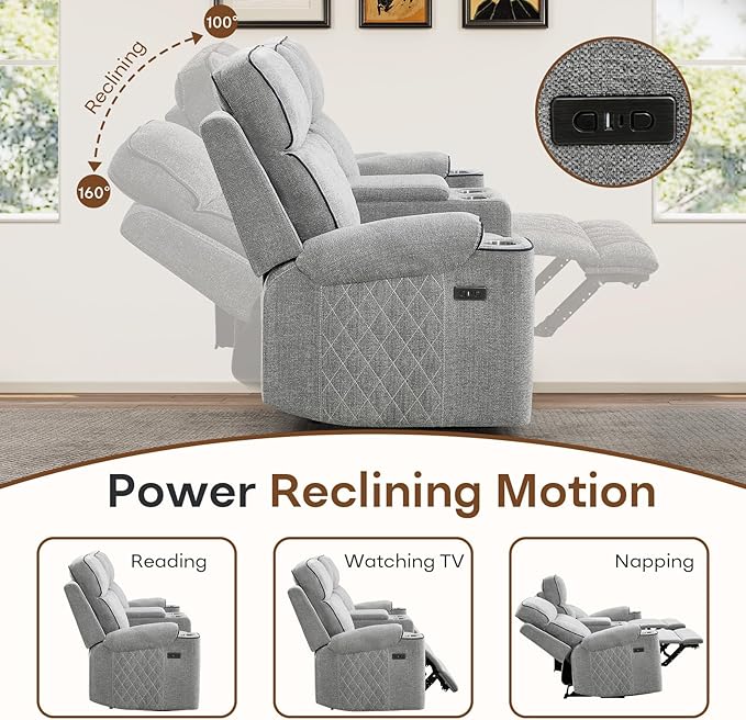 HAOMARKETS Power Reclining Loveseat Sofa with USB & Type-C Charging Port, Breathable Fabric 2-Seater Electric Recliner Couch with Cup Holders & Storage Console for Living Room, Light Grey
