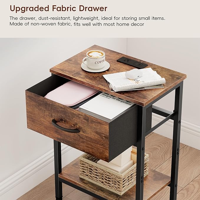 Vagusicc Nightstand with Charging Station, End Table with Fabric Drawer, Small Side Table with 2-Tier Storage Shelves, 25.4" Tall Bedside Table, Night Stand for Bedroom Living Room Dorm, Rustic Brown
