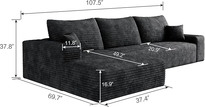 107 INCH Cloud Couch Oversized Modular Sectional Sofa, Fluffy Corduroy Upholstered Boneless Couches for Living Room, Wide & Deep Seat Corner Lounge Couches with Left Chaise,No Assembly Required