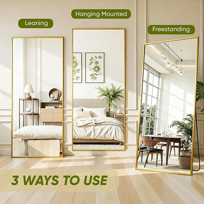 Full Length Mirror, 71"x28" Full Body Mirror, Floor Mirrors with Stand, Body Mirrors Standing Hanging Leaning Against Wall,Aluminum Frame Mirrors for Bedroom Cloakroom,Living Room,Gold
