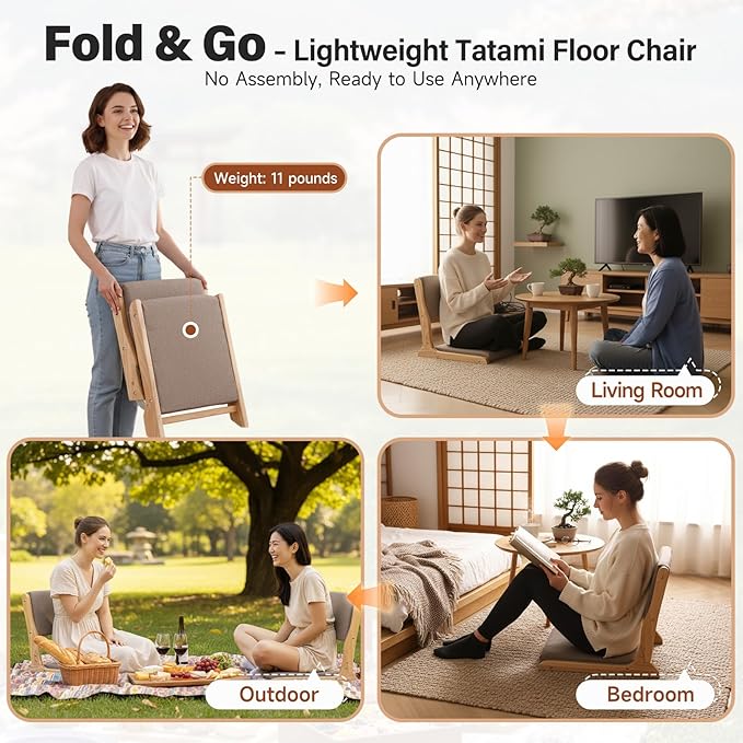 Tiita Tatami Foldable Meditation Floor Chair, Folding Floor Chairs Seat, Portable Japanese Legless Chair, Lazy Sofa for Bay Window Reading, Back Rest Chairs with Cushion, Wood Grey
