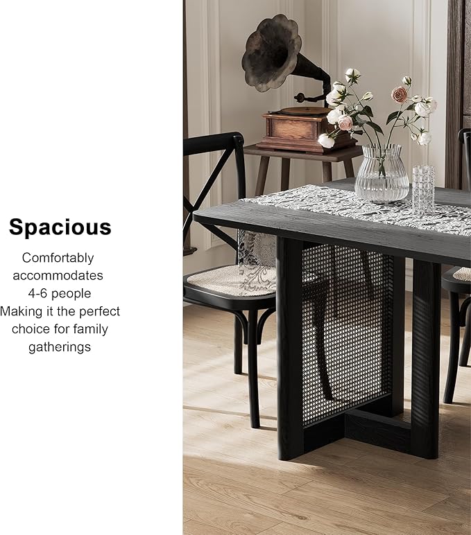 Casaphoria 67" Dining Table, Modern Kitchen Table for 4-6, Farmhouse Style with Rectangular Top & Rattan Legs, Easy Assembly for Living Room, Kitchen, Bar, Black