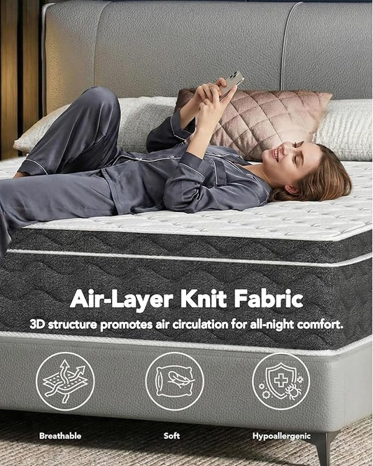 VKT King Size Mattress 14 inch, Hybrid Mattress in a Box,Individually Pocket Springs, Medium Firm Feel for Pressure Relief, Breathable Comfort, CertiPUR-USCertified