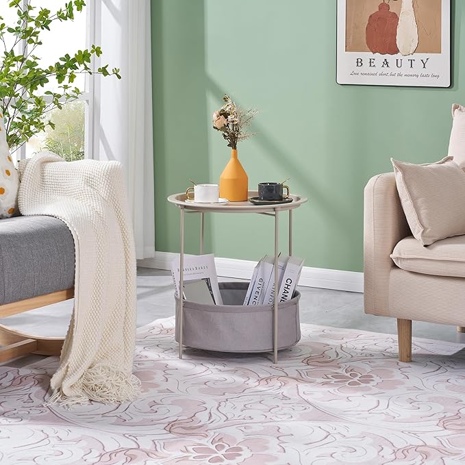 VECELO Round Side/End Table with Fabric Storage Basket，Metal Anti-Rust and Waterproof Small Bedside Nightstand with Removable Tray Top for Living Room，Balcony & Laundry，Grey /1pcs with Basket