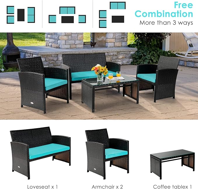 Tangkula 4 Pieces Rattan Furniture Set, Outdoor Conversation Set w/Chair & Loveseat & Tempered Glass Coffee Table, Suitable for Garden, Backyard, Poolside, Patio Furniture Set for 4 (1, Turquoise)