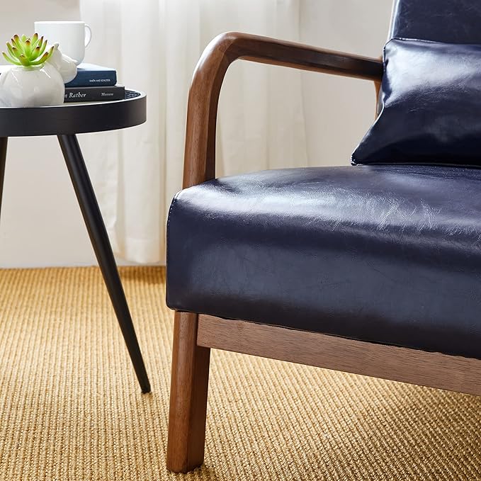 Glitzhome 30.75" H Mid Century Navy Blue Accent Armchair, Single Reading Armchair PU Leather Lounge Chair with Walnut Ruberwood Frame