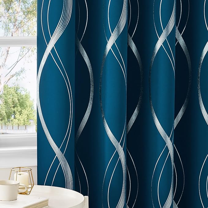 NICETOWN Moroccan Blue Blackout Curtains 84 inch Long for Living Room, Art Decor Scandinavian Style for Festival Wave Line Foil Print Design Drapes for Wall Cover, W52 x L84, 2 Panels
