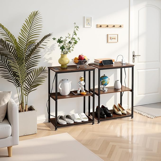 VECELO Tall End Table with Charging Station, Side Table with USB Ports and Outlets, 30" Height Nightstand with 3-Tier Storage Shelf for Living Room Bedroom Office Hallway Study