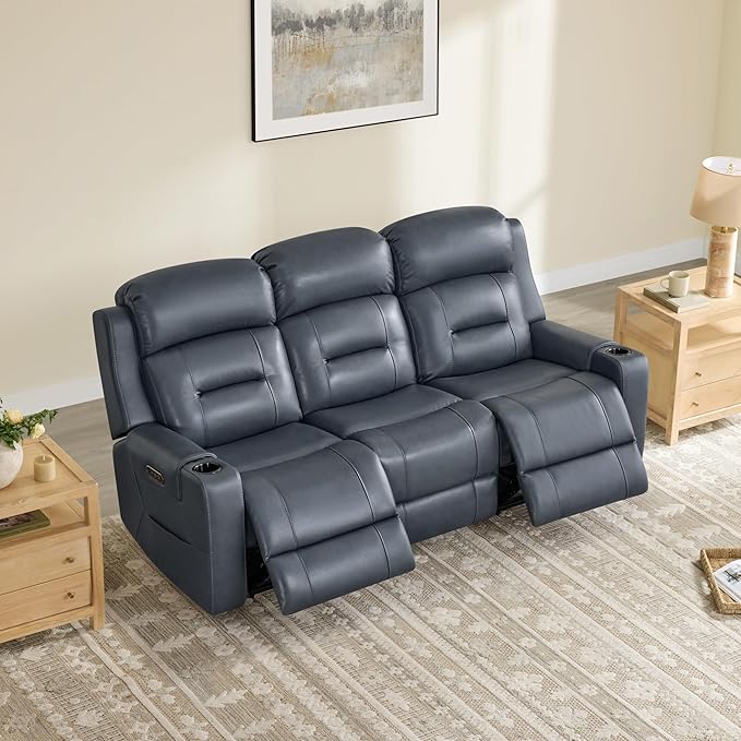 Watson & Whitely Genuine Leather Power Reclining Sofa, 3-Seater Lay Flat Recliner Sofa with Power Headrest, Cup Holders, USB & Type-C Ports, Electric Reclining Couch for Living Room, Navy Blue