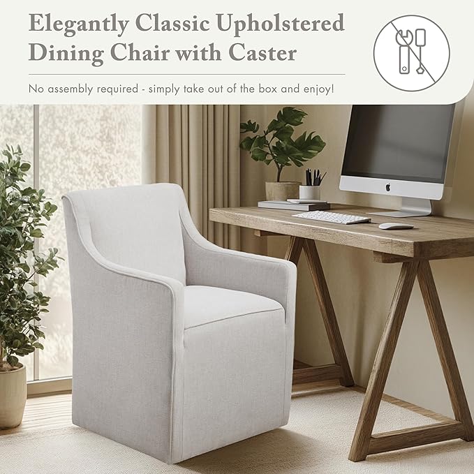 Madison Park Charlotte Dining Chair with Hidden Casters, Accent Chair 20" Thick Seat Cushion, Upholstered, Padded, Modern Farmhouse Dining Chair Side Chair, Fully Assembled Chair 34" H Grey