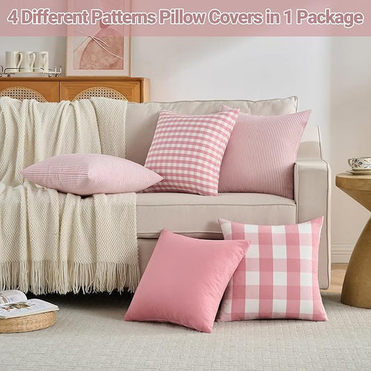 CARRIE HOME Farmhouse Pink Decorative Throw Pillow Covers 18x18 Inch Set of 4, Cute Light Pink Couch Pillow Covers 18 x 18， Spring Coquette Room Decor Boho Accent Cushion Covers for Sofa Bed