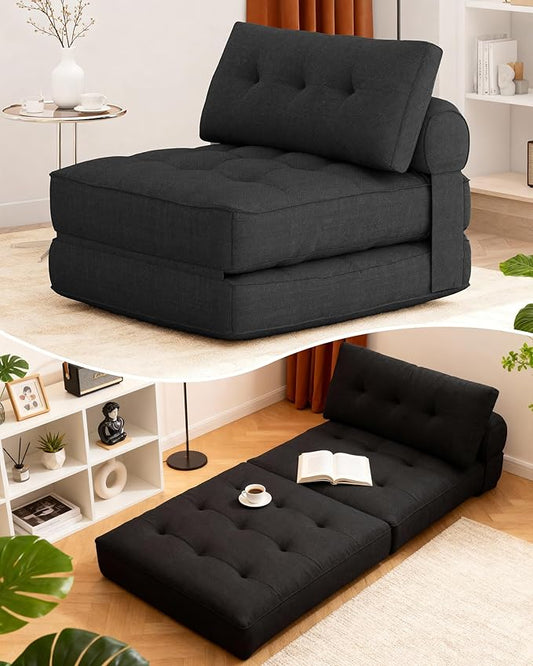 KINGYES Folding Chair Bed, 3 in 1 Convertible Sleeper Chair with Pillow, Black