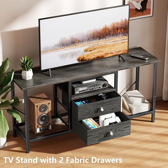Furologee TV Stand with 2 Fabric Drawers, 43 Inch Entertainment Center with Open Storage Shelves, Media Console Table for Bedroom, Living Room, Light Black Oak