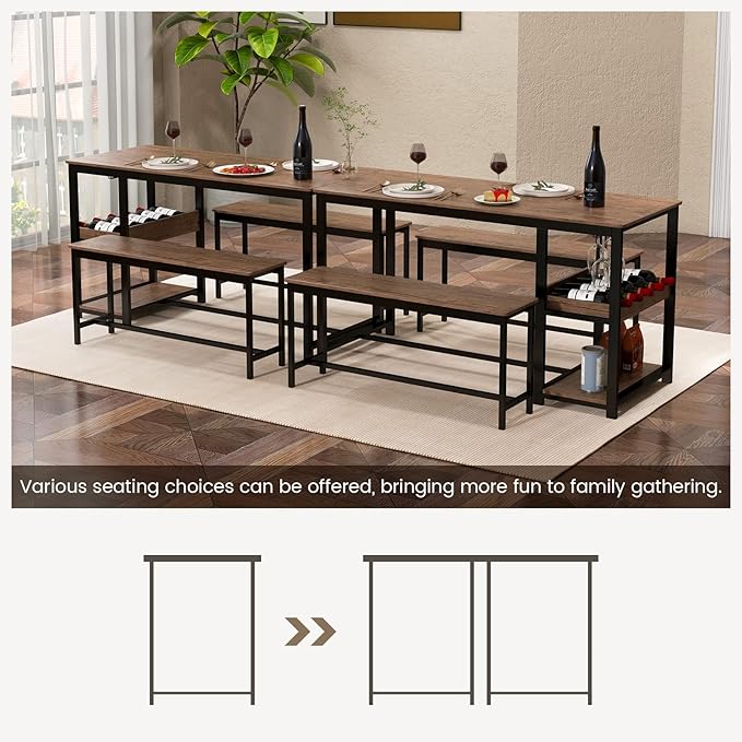 Giantex Dining Table Set for 4, 3-Piece 55" L Kitchen Table Set w/ 2 Benches, Breakfast Table w/ 5-Bottle Wine Rack & Glass Holder, Space-Saving Dinette Set for Dining Room, Kitchen, Apartment