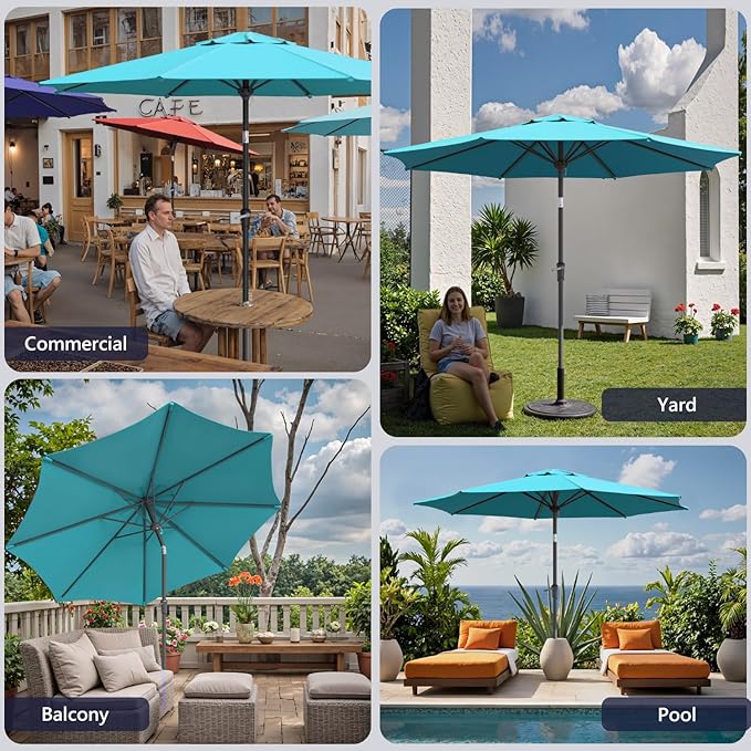 Outdoor Patio Umbrella with One Push Button Tilt and Crank, 8 Sturdy Ribs Market Table Umbrella
