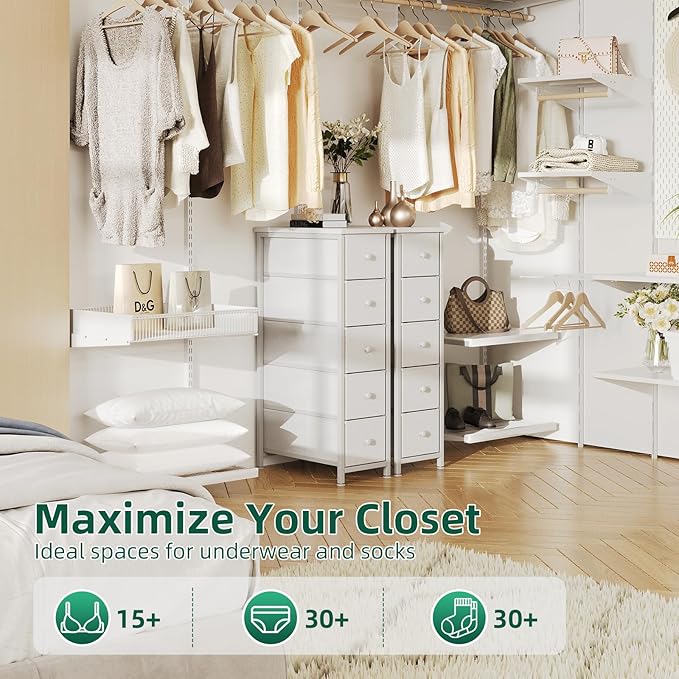 Narrow Dresser, 19" Wide Narrow Nightstand Dresser Storage Tower with 5 Drawers, Slim Fabric Dressers Chest of Drawers for Small Spaces, Wood Top & Fabric Bins for Bedroom Bathroom Closet (White)