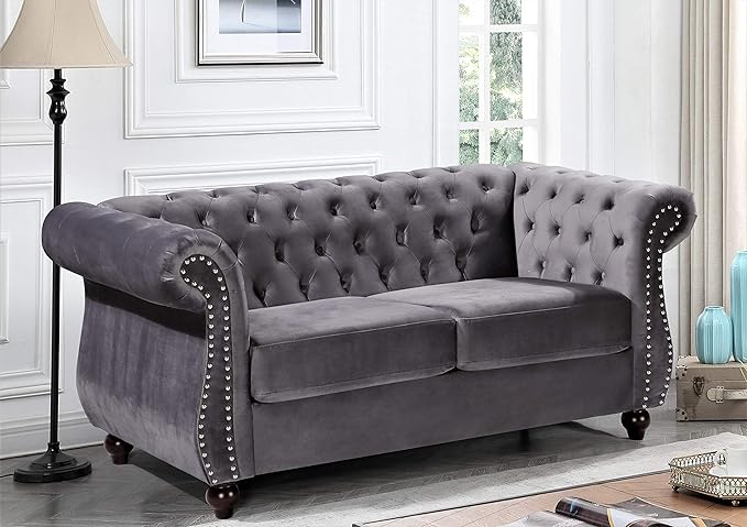 Container Furniture Direct Feinstein Modern Velvet Chesterfield Couches for Living Room with Nailheads, Diamond Tufting & Durable Metal Frame, Loveseat, Gray