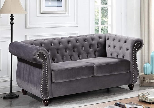 Container Furniture Direct Feinstein Modern Velvet Chesterfield Couches for Living Room with Nailheads, Diamond Tufting & Durable Metal Frame, Loveseat, Gray