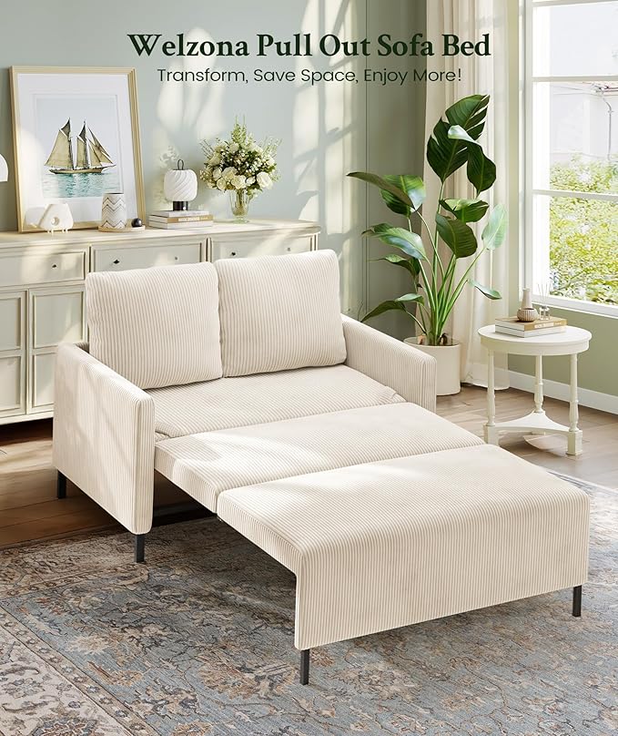 Welzona 47.2" Convertible Sofa Bed Couch, Comfy Corduroy Couch Bed, All in 1 Loveseat Sleeper Sofa, Love Seat Sleeper Bed with 2 Pillows, Modern Couches for Living Room/Apartment/Office, Beige White