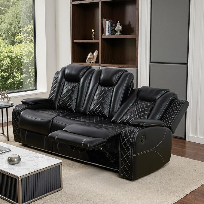 Power Recliner Sofa and Loveseat Set, Breathing Leather Living Room Set, 2 Piece Reclining Couch Set with LED Lighting/Cup Holders/Storage/USB Port (Black)