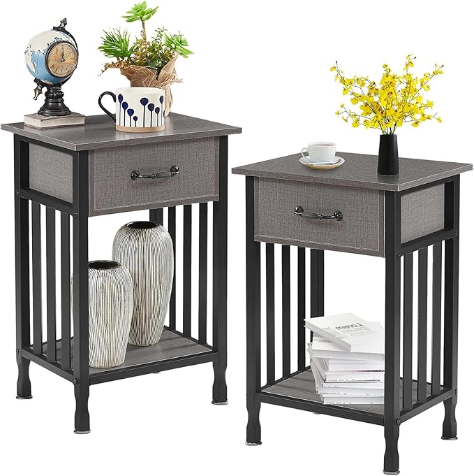 VECELO Nightstands, Industrial Side Table/End Tables with Drawer and Storage Shelf, Night Stands for Bedroom, Living Room, Wood Metal Furniture, Easy Assembly,Hemp Gray,1 Set